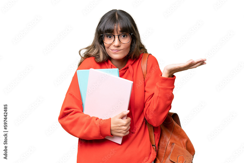 Young student caucasian woman over isolated background having doubts while raising hands Young student caucasian woman over isolated background having doubts while raising hands