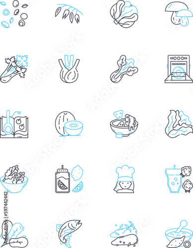 Diner food linear icons set. Burgers, Fries, Milkshakes, Pancakes, Omelettes, Hashbrowns, Club line vector and concept signs. BLT,Reuben,Meatloaf outline illustrations