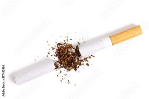 Broken cigarette isolated on white, quit smoking concept