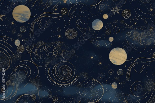 A captivating seamless pattern featuring an enchanting celestial scene of planets and stars. The background is a deep, midnight blue, adorned with shimmering stars in various sizes, Generative AI