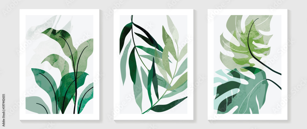Botanical wall art vector set. Water color boho foliage line art ...