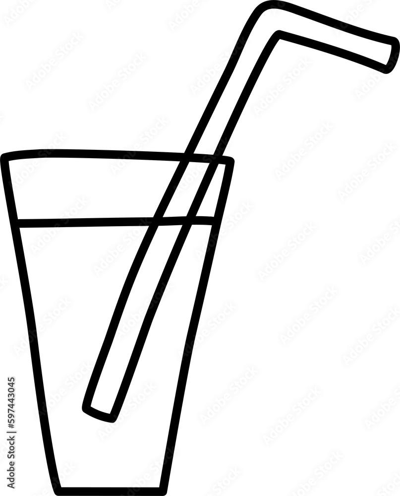 Glass of juice with straw Celebrate cute illustration Doodle style Sketch of party decoration Black outline design element Line hand drawn illustration