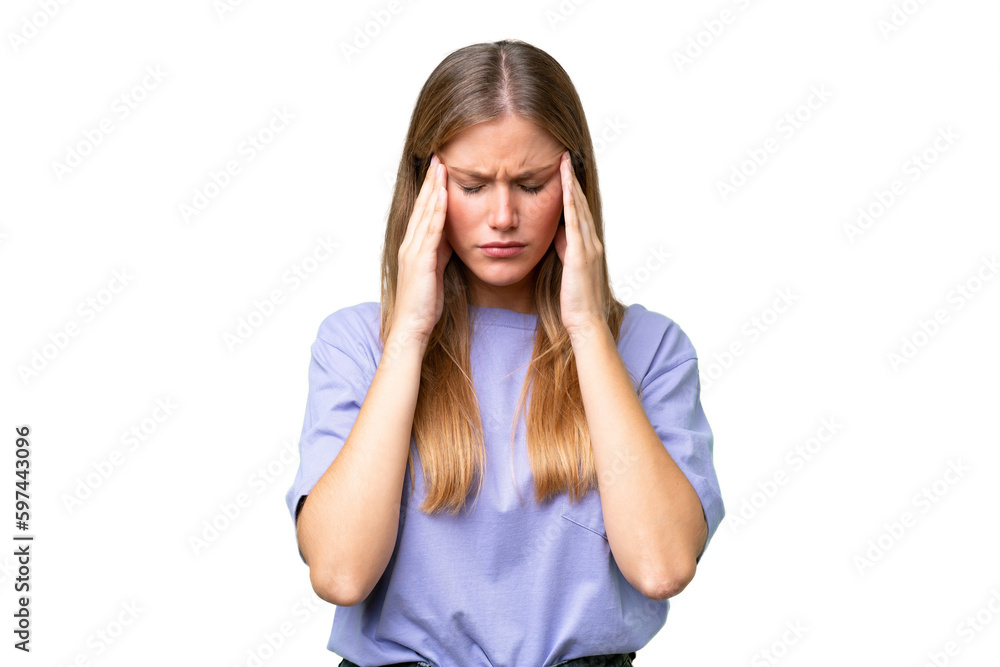 Young beautiful woman over isolated background with headache Young beautiful woman over isolated background with headache