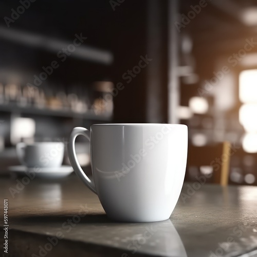  A mockup of a white coffee cup on a bar table, created with Generative AI
