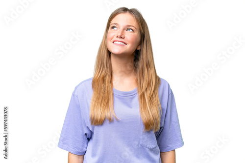 Young beautiful woman over isolated background thinking an idea while looking up