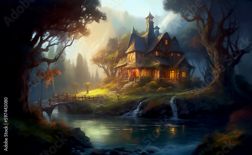 Cute magical house. Illustration. Post processed AI generated image.