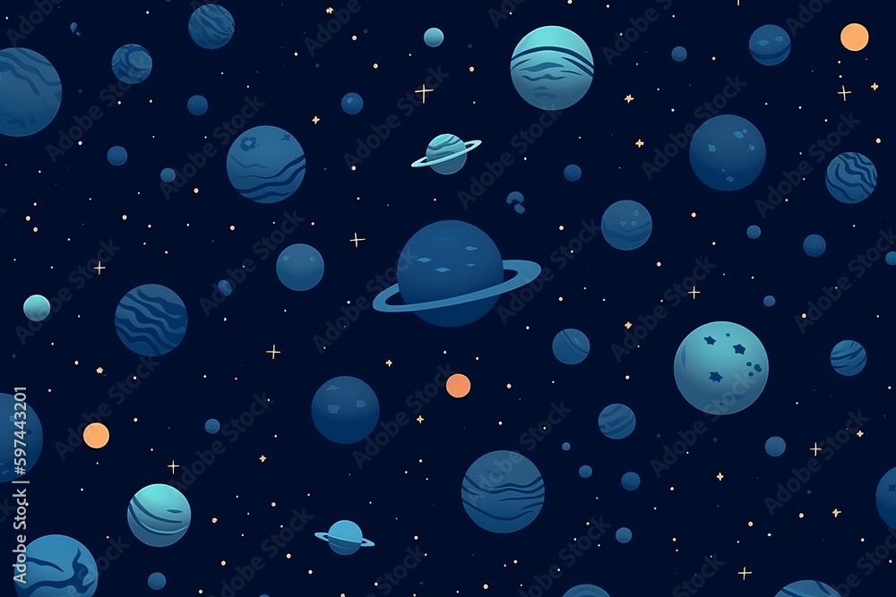 simple seamless Beautiful and eye catchy colour planets and stars, simple field background, isometric, bright vector, Dark blue background, themed pattern, Generative AI