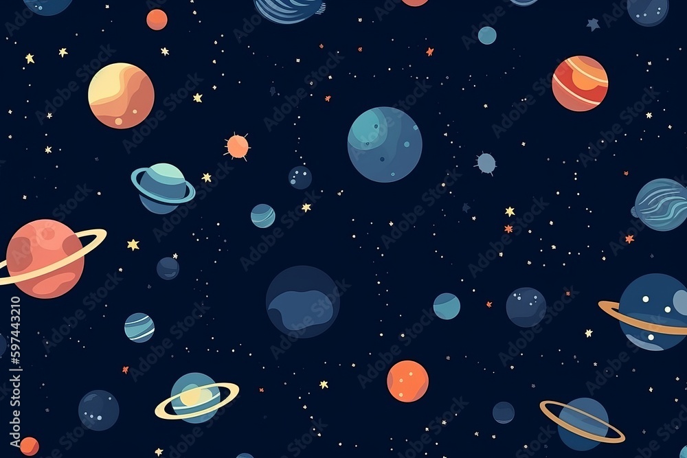 simple seamless Beautiful and eye catchy colour planets and stars, simple field background, isometric, bright vector, Dark blue background, themed pattern, Generative AI