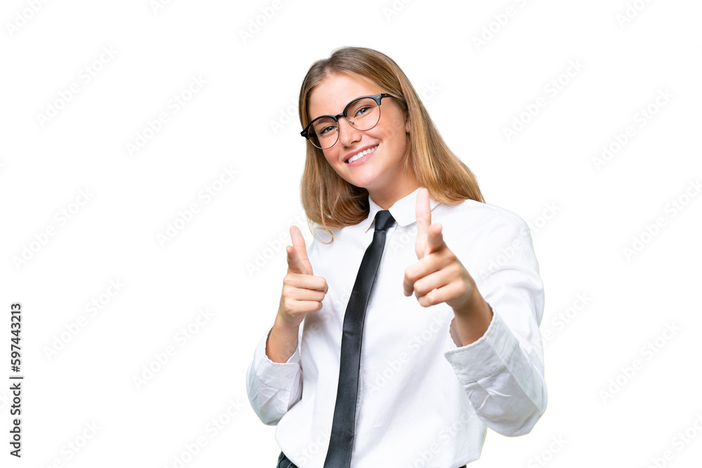 Young business caucasian woman over isolated background pointing to the front and smiling Young business caucasian woman over isolated background pointing to the front and smiling