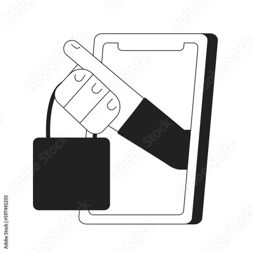 Successful shopping experience with mobile app monochrome concept vector spot illustration. Editable 2D flat bw cartoon first view hand for web UI design. Purchase clothes online handdrawn hero image