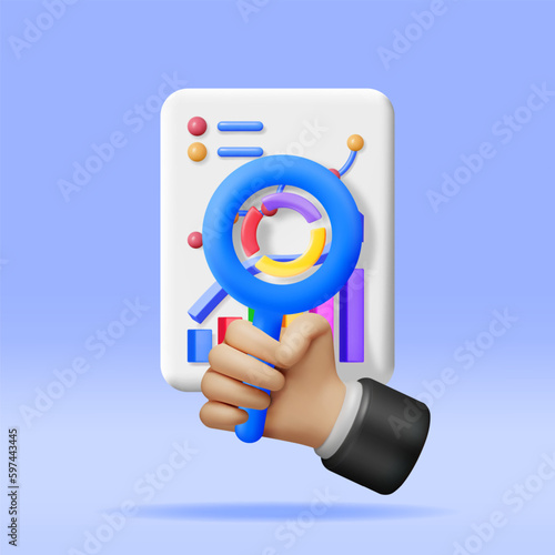 3D Pie Diagram in Clipboard with Magnifying Glass. Render Stock Pie Shows Growth or Success. Financial Data Analysis, Business Research, Financial Market Trade. Money and Banking. Vector Illustration
