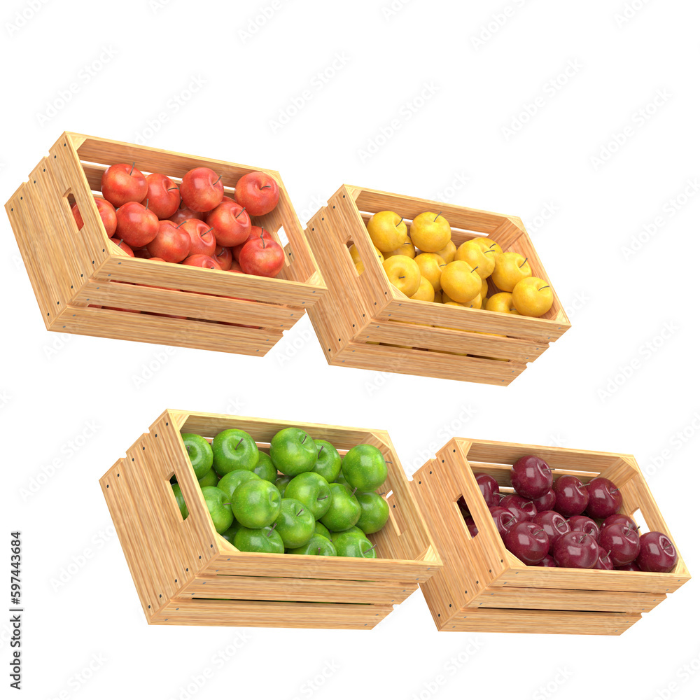 3D rendering illustration of apples in wooden crates 3D rendering illustration of apples in wooden crates