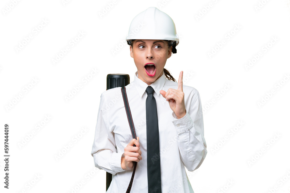 Young architect woman with helmet and holding blueprints over isolated background thinking an idea pointing the finger up Young architect woman with helmet and holding blueprints over isolated background thinking an idea pointing the finger up