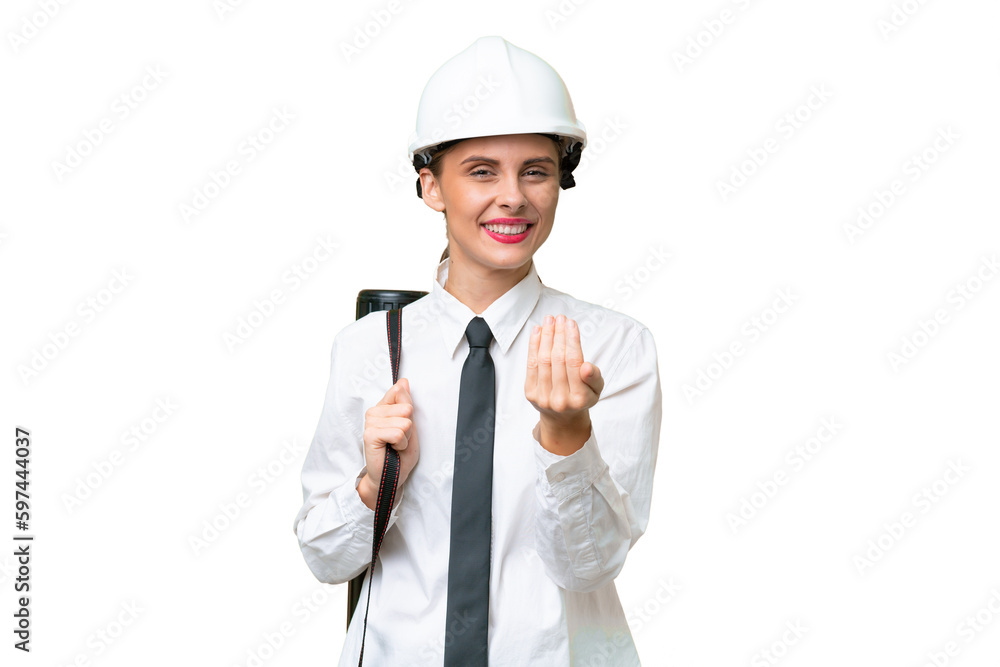 Young architect woman with helmet and holding blueprints over isolated background inviting to come with hand. Happy that you came Young architect woman with helmet and holding blueprints over isolated background inviting to come with hand. Happy that you came