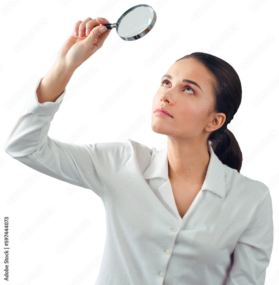 Woman Looking Through Magnifying Glass - Isolated Woman Looking Through Magnifying Glass - Isolated