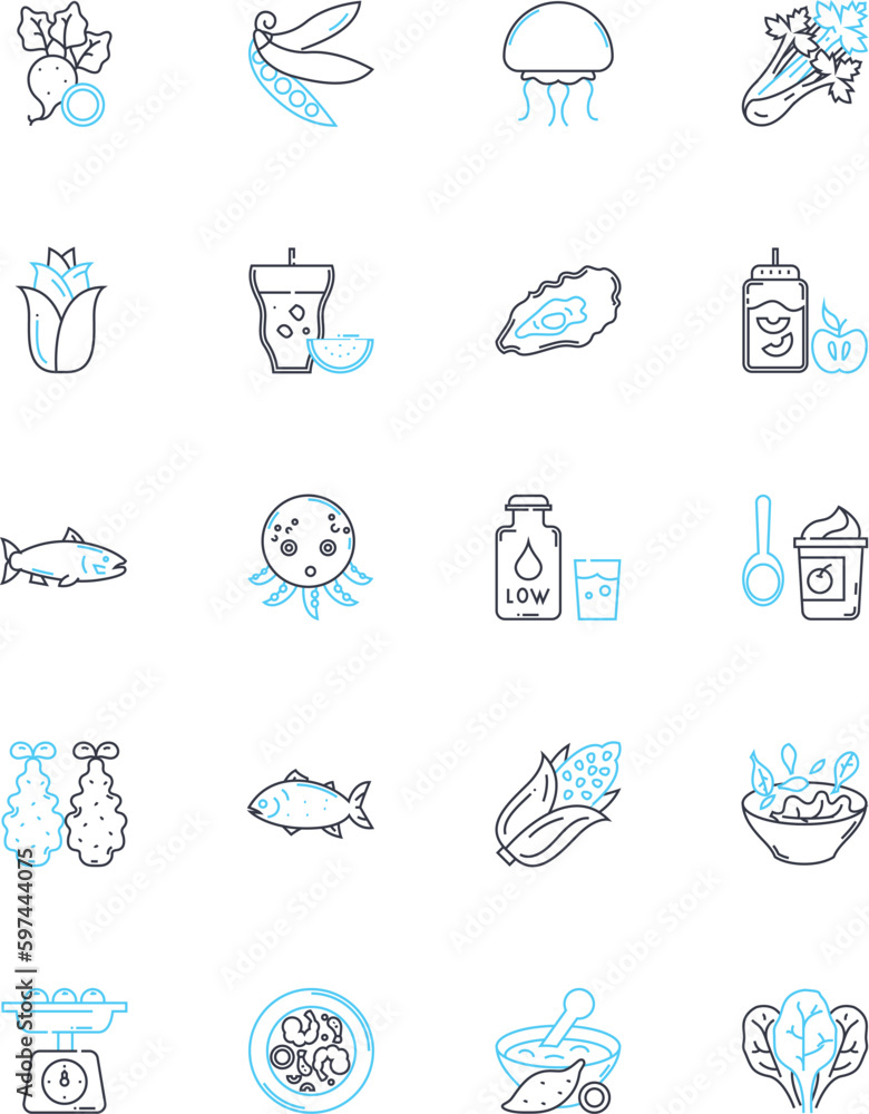 Appealing dish linear icons set. Delectable, Appetizing, Mouth-watering, Scrumptious, Savory, Delicious, Flavorful line vector and concept signs. Tasty,Yummy,Luscious outline illustrations