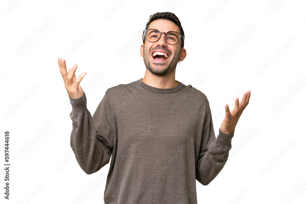 Young handsome caucasian man over isolated background smiling a lot Young handsome caucasian man over isolated background smiling a lot