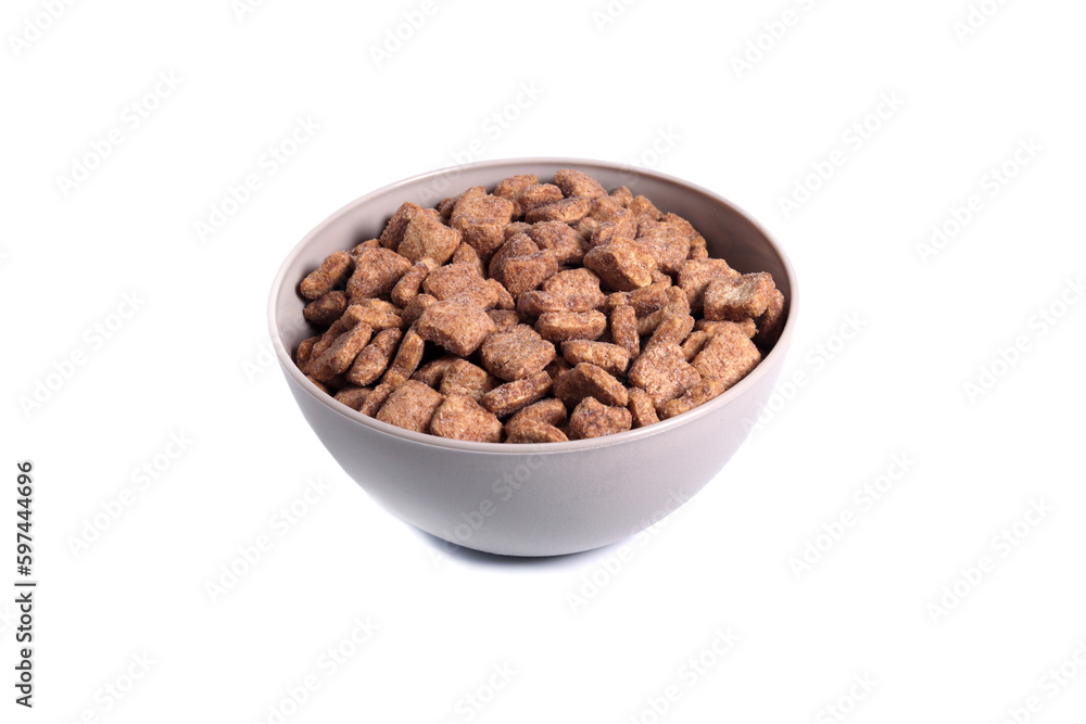 Chocolate corn snacks pads, dry breakfast in bowl on white Chocolate corn snacks pads, dry breakfast in bowl on white