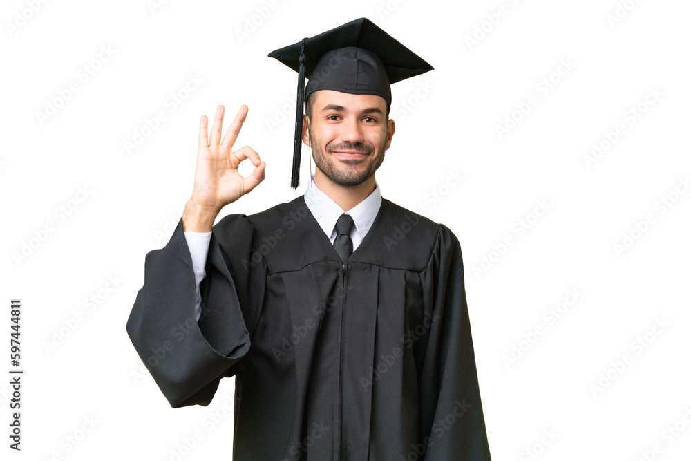 Young university graduate man over isolated background showing ok sign with fingers Young university graduate man over isolated background showing ok sign with fingers