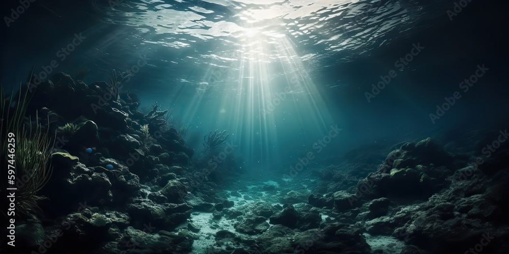 Fototapeta premium AI Generated. AI Generative. Photo of under sea ocean world. Marine Nautical with darm mustic mood adventure vibe. Graphic Art Illustration.