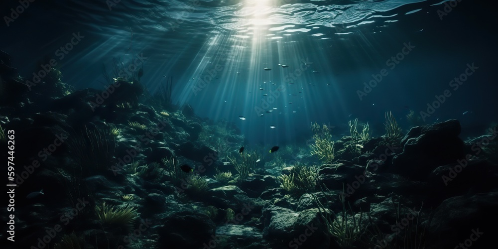 Obraz premium AI Generated. AI Generative. Photo of under sea ocean world. Marine Nautical with darm mustic mood adventure vibe. Graphic Art Illustration.