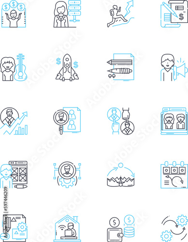 Labor relations linear icons set. Unionization, Collective bargaining, Strikes, Arbitration, Negotiation, Lockout, Picketing line vector and concept signs. Generative AI