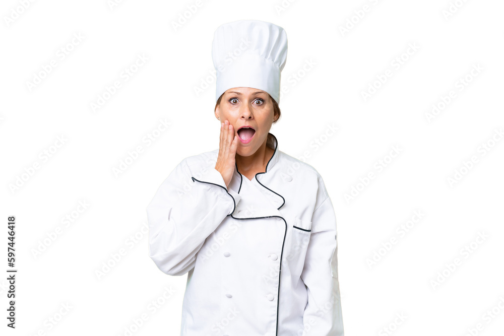 Middle-aged chef woman over isolated background with surprise and shocked facial expression Middle-aged chef woman over isolated background with surprise and shocked facial expression