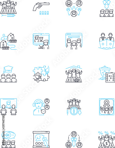 Gathering linear icons set. Congregation, Assembly, Meetup, Rendezvous, Muster, Convocation, Union line vector and concept signs. Association,Conclave,Caucus outline illustrations Generative AI