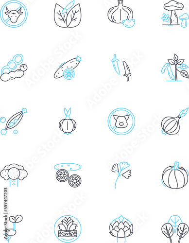 Fiber-rich diet linear icons set. Fibrous, Nutritious, Healthy, Digestive, Cleansing, Filling, Satiating line vector and concept signs. Bulking,Vegetarian,Vegan outline illustrations Generative AI