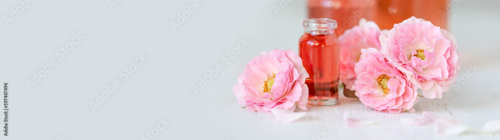Concept of perfume with pure natural organic rose ingredient, essential oils. Glass bottles with flower herbal extract and elixir. Perfumery cosmetic toilet water fragrance, banner copy space for text Concept of perfume with pure natural organic rose ingredient, essential oils. Glass bottles with flower herbal extract and elixir. Perfumery cosmetic toilet water fragrance, banner copy space for text