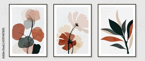 Botanical wall art vector set. Water color boho foliage line art drawing with abstract shape. Abstract Plant Art design for print, cover, wallpaper, Minimal and natural wall art. 