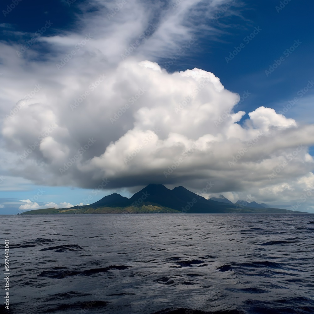 Clouds above a volcano in the middle of the sea.