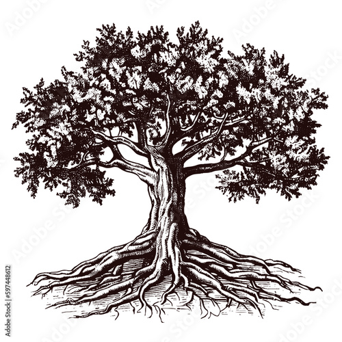 oak tree with roots vintage sketch, tree with spreading roots 