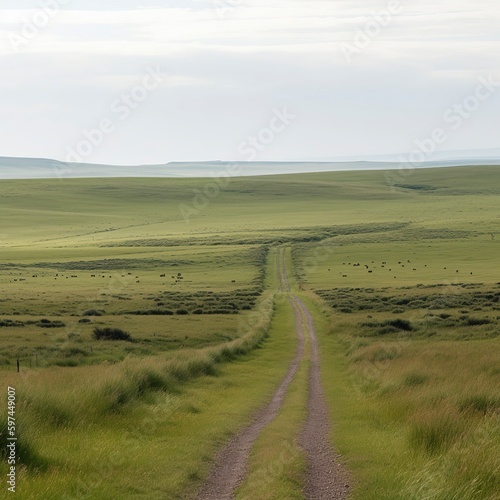 A country road with views of mountains and green fields.