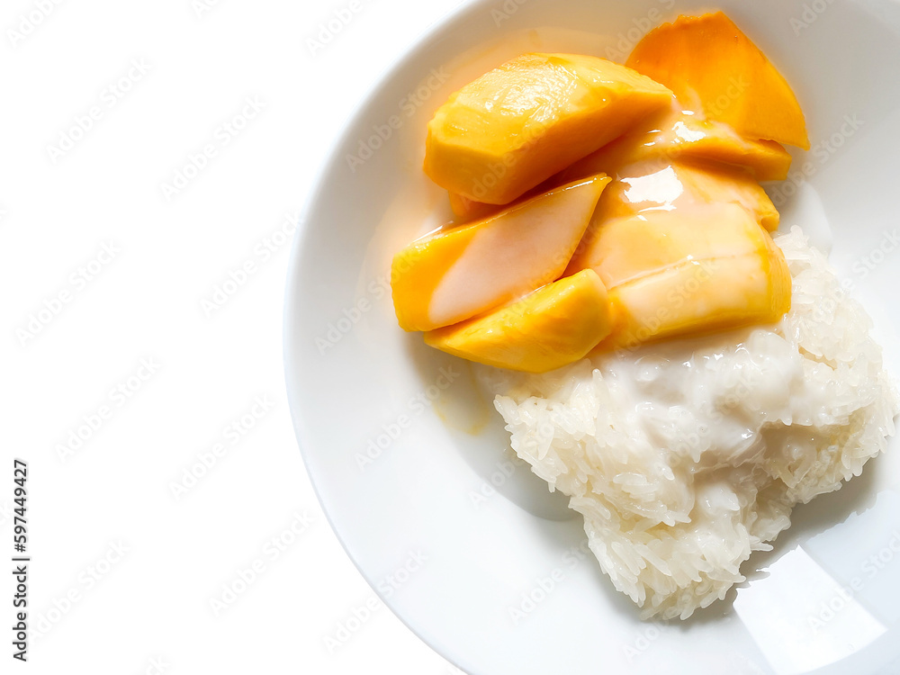 Mango with sticky rice ready to eat on white background
Mango with sticky rice ready to eat on white background