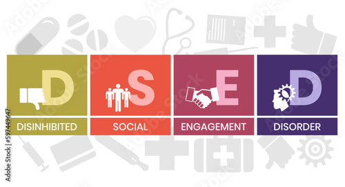 DSED - Disinhibited Social Engagement Disorder acronym. business concept background. vector illustration concept with keywords and icons. lettering illustration with icons for web banner, flyer