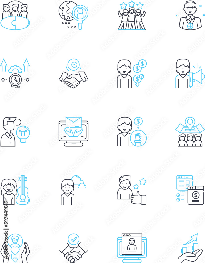 White-collar work linear icons set. Professionalism, Efficiency, Dedication, Skillfulness, Creativity, Collaboration, Decision-making line vector and concept signs. Generative AI White-collar work linear icons set. Professionalism, Efficiency, Dedication, Skillfulness, Creativity, Collaboration, Decision-making line vector and concept signs. Generative AI