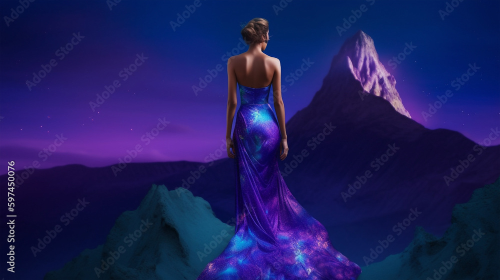 Back view of elegant beautiful woman in purple evening dress posing for magazine illustration, glamour. Galaxy nebula space mountain background. Ai generated art Back view of elegant beautiful woman in purple evening dress posing for magazine illustration, glamour. Galaxy nebula space mountain background. Ai generated art