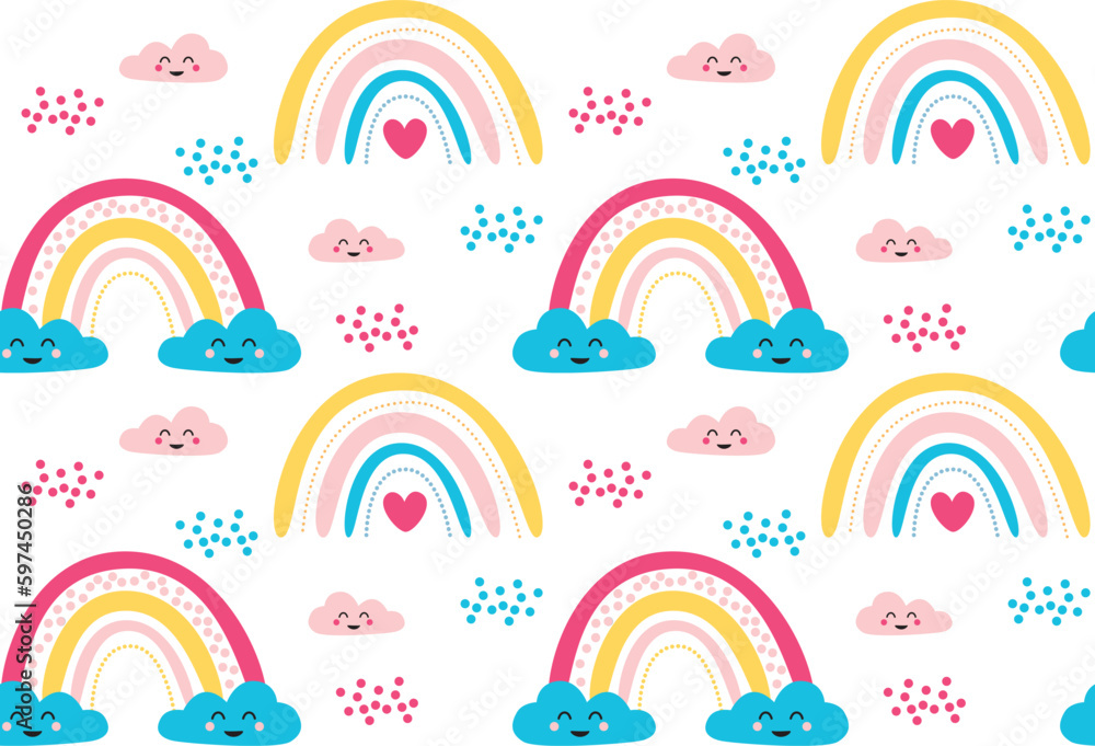 Seamless pattern with cute doodle rainbows and clouds. Colorful vector background	