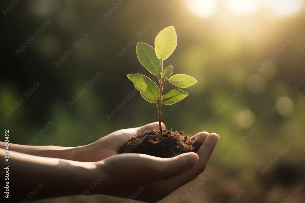 Hands holding young plant in sunshine and green background at sunset. Environment conservation, reforestation, climate change. Generative AI. - obrazy, fototapety, plakaty 