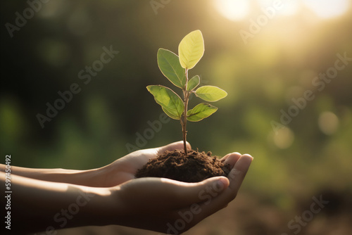 Hands holding young plant in sunshine and green background at sunset. Environment conservation, reforestation, climate change. Generative AI. photo