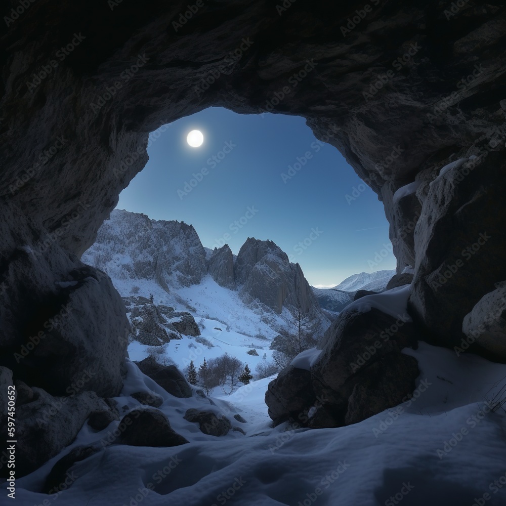 view of full moon from inside the cave.