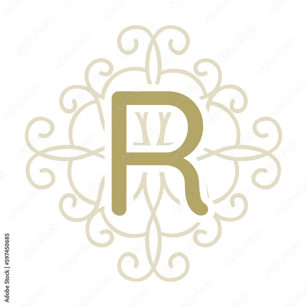 r letter inside swirl ornamental element, monogram r letter inside swirl ornamental element, monogram