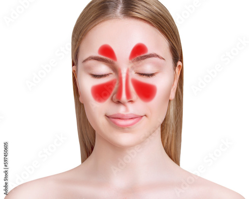 Face with inflammation of mucous membrane of paranasal sinuses. photo