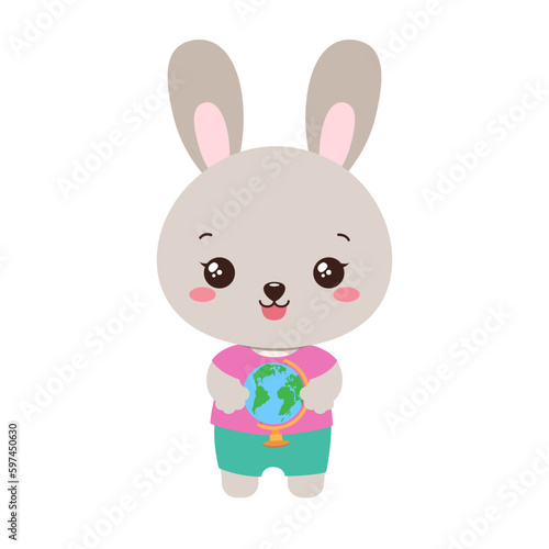 School student rabbit holding a globe. Social studies learning. Elementary pupil hare little bunny kawaii animal. Primary school geography subject vector. Education clipart.