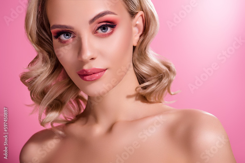 Cropped studio professional photo of stunning lady with shiny make up isolated pastel color background