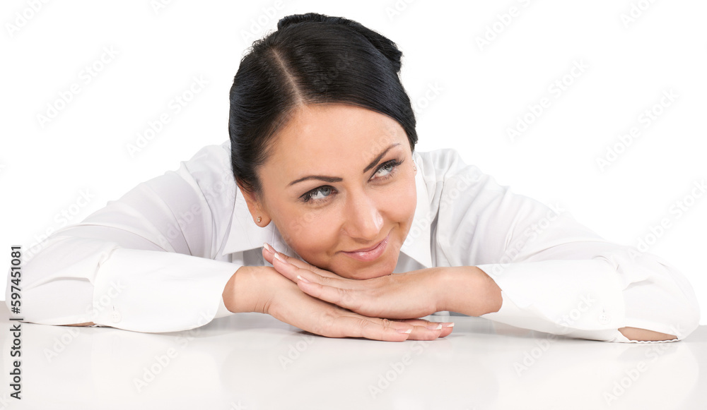 Friendly Woman with Head Resting on Hand - Isolated Friendly Woman with Head Resting on Hand - Isolated
