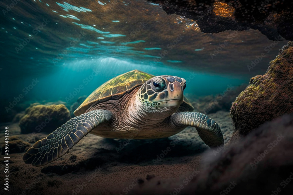 Fototapeta premium In the enchanting Galapagos Islands, a majestic sea turtle gracefully navigates the turquoise waters, a symbol of resilience and natural beauty. Generative AI