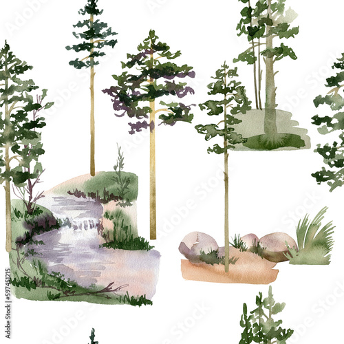 Watercolor seamless pattern with pine trees for fabric, wrapping paper, etc.