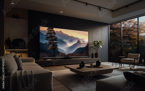 Elevate your home theater experience with an AI-designed 150-inch large-screen TV in this spacious and relaxing living room. Generative AI